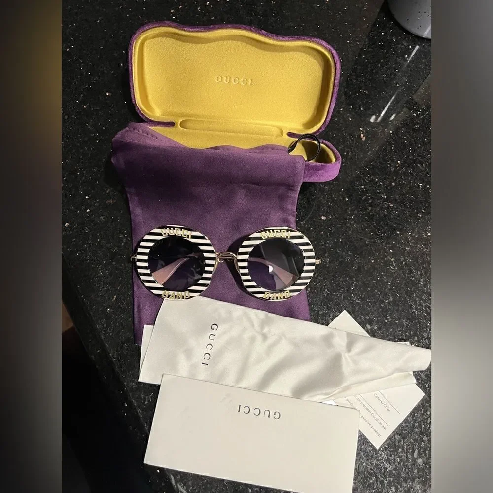 Gucci GG0113S 008 Sunglasses Women's Black+White Striped-Gold/Blue Gradient Lens - Picture 3 of 7